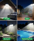 Solar Outdoor Lights Motion Sensor, 2500LM 286 LED Security Flood Lights with Visual Battery & Mode Display, 3 Lighting Modes, IP65 Waterproof 3-Head Wide Angle for Garage, Yard, Patio (3 Pack) shining on garage, patio, backyard, and swimming pool at night.