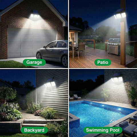 Solar Outdoor Lights Motion Sensor, 2500LM 286 LED Security Flood Lights with Visual Battery & Mode Display, 3 Lighting Modes, IP65 Waterproof 3-Head Wide Angle for Garage, Yard, Patio (3 Pack) shining on garage, patio, backyard, and swimming pool at night.