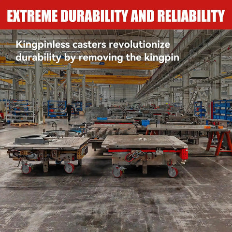 Rock Solid Six Inch Polyurethane Swivel Casters Heavy Duty Industrial Kingpinless Set Of Four With Seven Thousand Two Hundred Lbs Capacity For Moving Heavy Gear Daily in a factory setting.