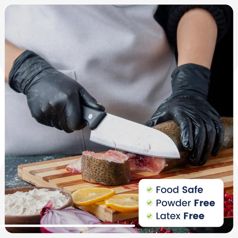 Real Deal Top Shelf Black Nitrile Gloves Box Of One Hundred Powder Free Latex Free Extra Large for food prep cutting fish.