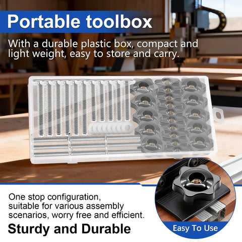 T Track Knob Kit Set For Woodworking Jigs in portable plastic toolbox showing bolts, star knobs, and T knobs