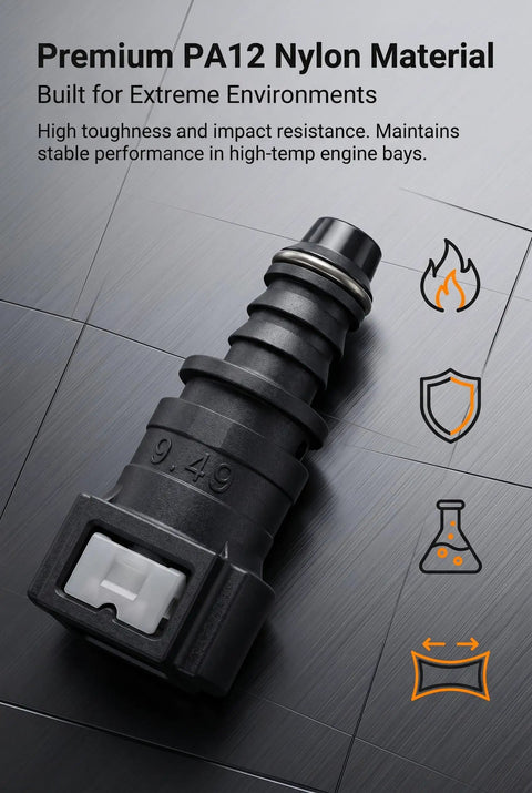 Ride Ready Straight Fuel Line Quick Connector Three Eighth Inch Nylon Hose Coupler showing durable PA12 nylon material for high temps.