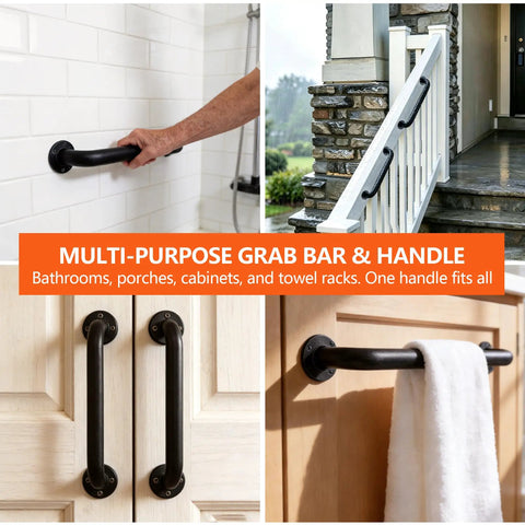 Rock Solid 12 Inch Industrial Pipe Wall Mount Grab Bar For Stairs Decks And Entryways Featuring Heavy Duty Galvanized Steel Non Slip Matte Black Support Built To Last in various settings.