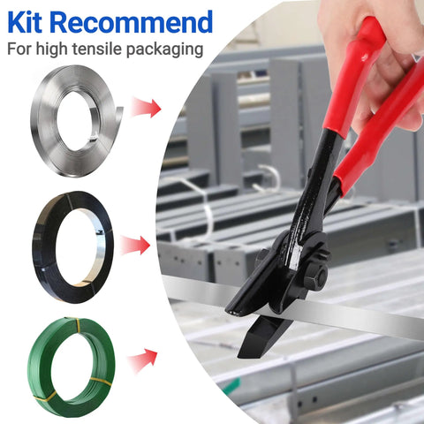 Heavy Duty 12 Inch Strapping Cutter With Wide Blade, Chrome Vanadium Steel cutting through PET strap in action.