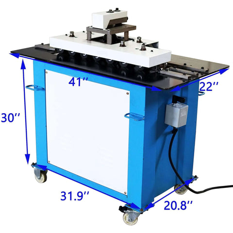 Front view of Electric Sheet Metal Seaming Machine for 0.02 to 0.05 inch thick sheets with dimensions shown