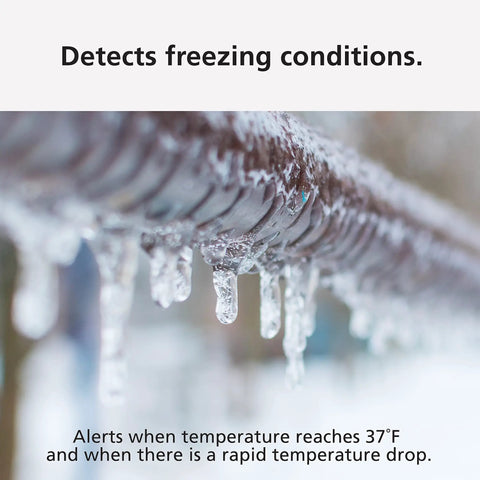 Icicles forming on a pipe indicating freezing conditions for 4 Pack WiFi Water Leak Detector And Freeze Alarm For Home, Alexa Compatible.