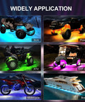 Widely application of 8 Pod RGB Rock Lights for Trucks With APP Control and Remote Music Mode in SUVs, pickups, ATVs, golf carts, motorcycles, boats