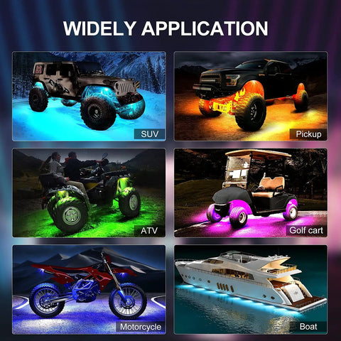 Widely application of 8 Pod RGB Rock Lights for Trucks With APP Control and Remote Music Mode in SUVs, pickups, ATVs, golf carts, motorcycles, boats