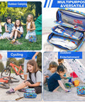 Blue patterned Amazon travel first aid kit, 143 pieces; collage shows front view and open interior with supplies.