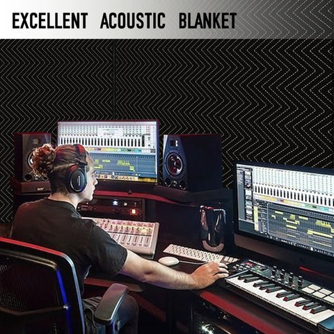 Heavy Duty Sound Dampening Blankets For Home Studio covering walls in a music production setup, enhancing sound quality.