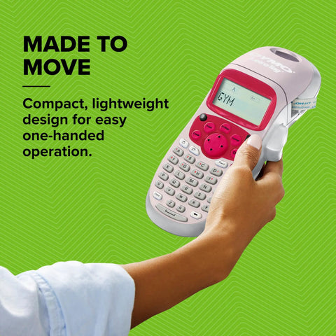 Pink Handheld Label Maker For Home And Office, lets you create quick, stylish labels with ABC keyboard, 13-character LCD in hand