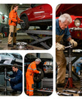 Mechanics working on cars in a garage, using tools on wheels and suspension systems.