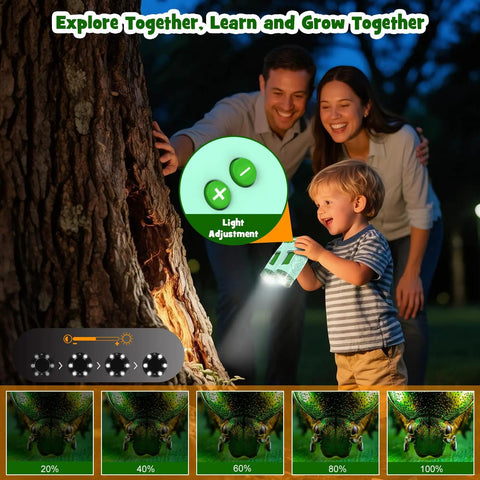 Kid Friendly 4K Handheld Microscope With 2.0 Inch Screen Rechargeable Camera Includes 6 Slides Game Changer For Indoor Outdoor Exploration Portable Science Toy For Ages 3 To 12 Easy To Use For Curious Young Explorers. child using handheld microscope on tree bark at night
