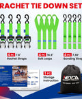 Heavy Duty Ratchet Tie Down Straps 4 Pack 1.6 Inch Wide By 8 Feet Long Green Coated Steel Ratchets With Soft Loop Ends shown with assorted lengths and storage pouch.