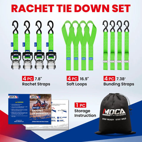 Heavy Duty Ratchet Tie Down Straps 4 Pack 1.6 Inch Wide By 8 Feet Long Green Coated Steel Ratchets With Soft Loop Ends shown with assorted lengths and storage pouch.