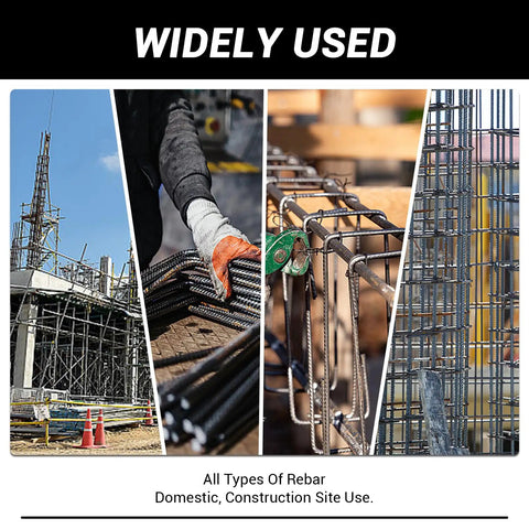 Lochen Electric Hydraulic Rebar Bender 1700W Bends Grade 60 Steel Rods Up To One Inch shown in construction site use with various rebar types.