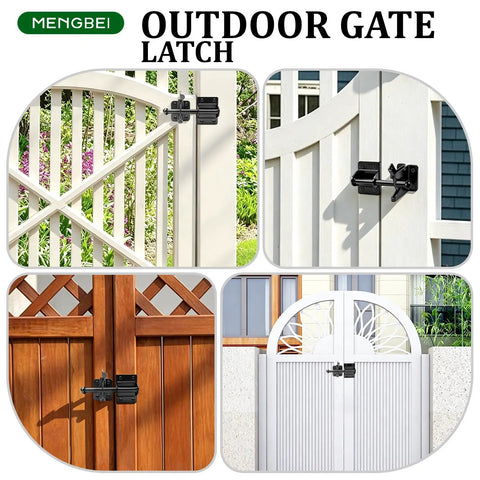 Heavy Duty Self Locking Gate Latch For Wood Fences And Garden Gates mounted on various gates with black finish.