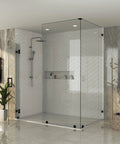 Sleek Matte Black Glass Shower Door Hardware Kit Frameless Swing Setup with Self Closing Action in modern bathroom setting.
