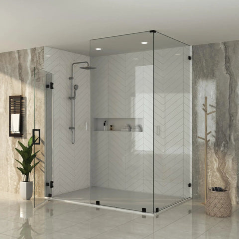Sleek Matte Black Glass Shower Door Hardware Kit Frameless Swing Setup with Self Closing Action in modern bathroom setting.
