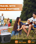 32 Quart Electric Car Cooler Warmer With Smooth Rolling Wheels Keeps Food And Drinks Ice Cold at a camping site with friends.