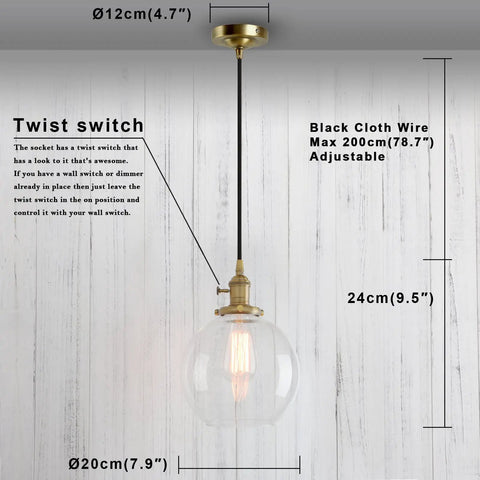 Dope Industrial Brass Pendant Light with 7.9 Inch Clear Glass Shade displaying twist switch and adjustable black cloth wire.