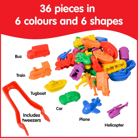 Slick Transport Counters Mini Jar Set Of 36 Durable Plastic Math Manipulatives With Tweezers, showcasing 36 colorful transport counters.