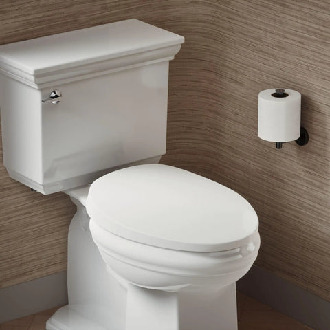 PureWarmth Heated Elongated Toilet Seat With Night Light installed on white toilet in bathroom setting