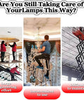 Image depicting challenges of lamp maintenance with ladders, highlighting need for Smooth Electric Chandelier Lift With Remote Control, Motorized Elevator Winch For Hanging Lights, 40-70kg Big Capacity, 6 Meter Travel Height, Easy Maintenance And Bulb Changes In Style Homes.