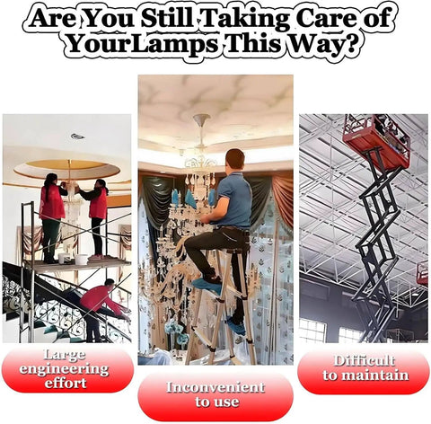Image depicting challenges of lamp maintenance with ladders, highlighting need for Smooth Electric Chandelier Lift With Remote Control, Motorized Elevator Winch For Hanging Lights, 40-70kg Big Capacity, 6 Meter Travel Height, Easy Maintenance And Bulb Changes In Style Homes.