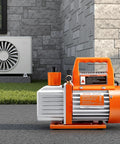 Rock Solid 3.5 CFM Vacuum Pump Single Stage Rotary Vane Hvac Tool With Oil Catch Bottle, 1/4 Hp air extractor in outdoor setting.