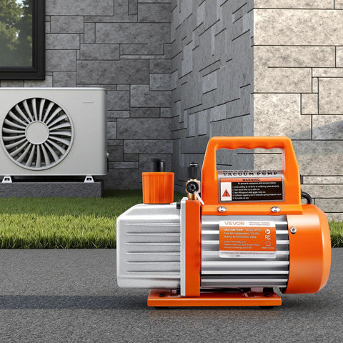 Rock Solid 3.5 CFM Vacuum Pump Single Stage Rotary Vane Hvac Tool With Oil Catch Bottle, 1/4 Hp air extractor in outdoor setting.