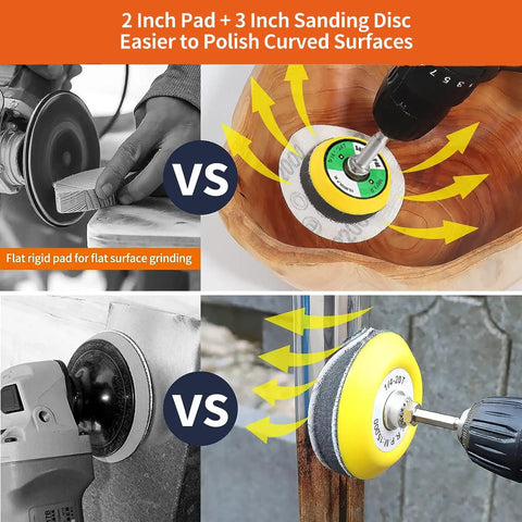 Image showcasing the Two and Three Inch Versatile Sanding Discs Kit for Drill, Grinder and Rotary Tools in use on wood and metal surfaces.