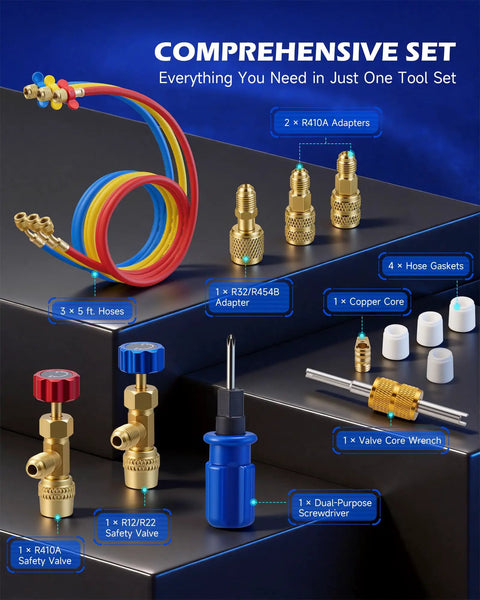Three Way AC Manifold Gauge Set With Five Foot Hoses For R410A R32 R22 And R454B Refrigerants Includes Safety Valves Adapters Valve Core Wrench And High Accuracy 2.6 Inch Gauges For Pro Grade Diagnostics, hoses and adapters laid out