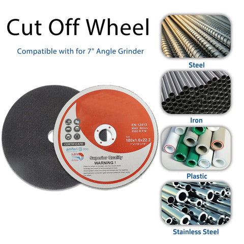 Beefed Up 7 Inch Cut Off Wheels For Metal And Stainless Steel Cutting Discs For Angle Grinders, showing discs and material applications.