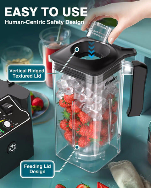 K90 Replacement Pitcher Cup for WantJoin Blender Shield Enclosure, 2200ml Capacity, filled with ice and strawberries, feeding lid design