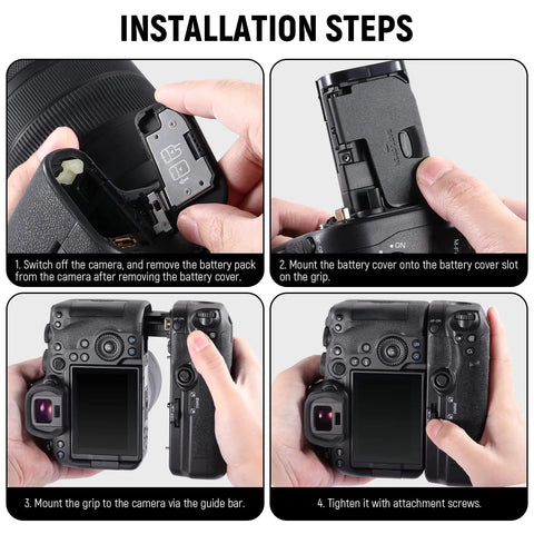 Installation steps for Battery Grip Upgrade For BG R10 For Canon EOS R5 R5C R6 R6 Mark II Mirrorless Cameras Runs On LP E6 Series Batteries