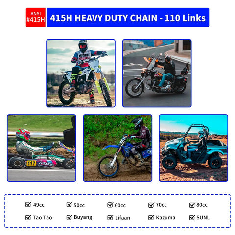 Image showing usage examples of Beefy 110 Links Roller Chain With Chain Breaker And 6 Free Connecting Links for various vehicles.