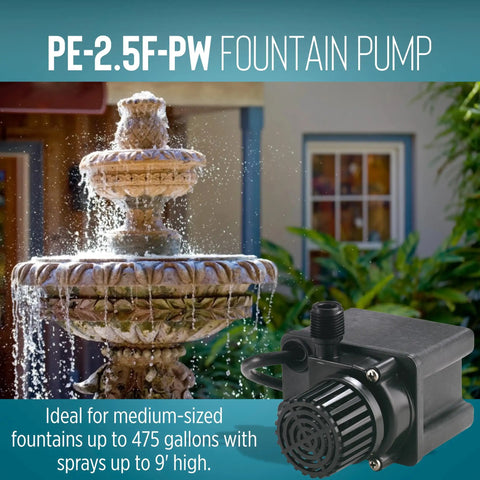 Compact Submersible Pump For Small Ponds And Fountains, 115 Volt Direct Drive, 1/28 HP with fountain in background