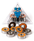 Set of Chrome Steel Bearings 8x22x7mm for Skateboards and Longboards, with Tempered Steel Balls and Smooth Roll, in a triangular case