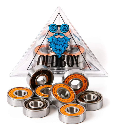 Set of Chrome Steel Bearings 8x22x7mm for Skateboards and Longboards, with Tempered Steel Balls and Smooth Roll, in a triangular case