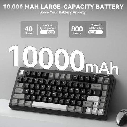 Compact 75 Percent Wireless Mechanical Gaming Keyboard With Hella Smooth Triple Connection Modes And A Massive Ten Thousand Milliamp Hour Battery showing 10000mAh battery.