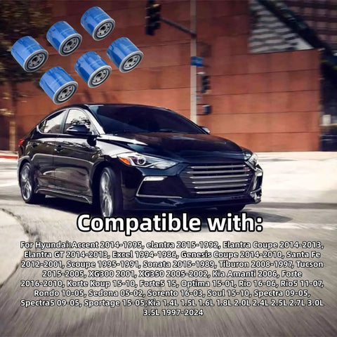 Black Hyundai car with Six Pack Engine Oil Filter And Drain Plug Gasket Kit Fits Hyundai Elantra Santa Fe Sonata Accent Kona And Kia Forte Forte5 From 1997 To 2024 Replaces 26300 35504 MZ690116 floating above