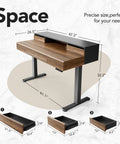 Diagram of 48 Inch Standing Desk With Drawers And Monitor Shelf Electric Height Adjustable Sit Stand Desk With Storage Whole Piece Board Black Walnut Finish Sturdy Steel Frame For Home Office, featuring detailed dimensions.