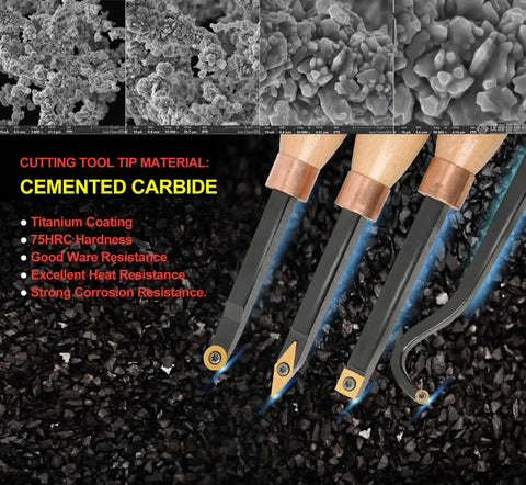 Pro Grade Carbide Wood Lathe Turning Tool Set with cemented carbide tips and beech wood handles, focus on blade coating and material.