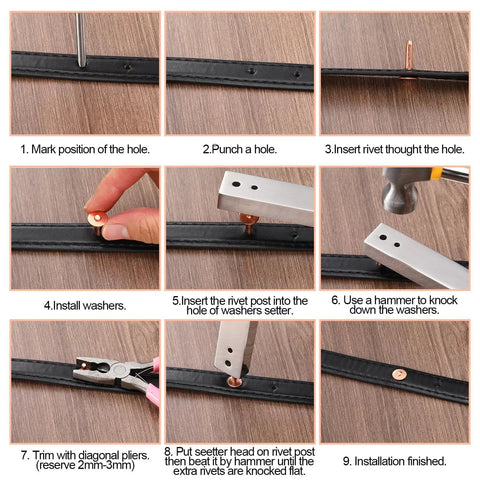 Step-by-step guide for using DIY Leather Rivet Kit With 100 Sets Copper Rivets And Burrs For Leather Brass Fastener Install Tool, showing rivet installation process.