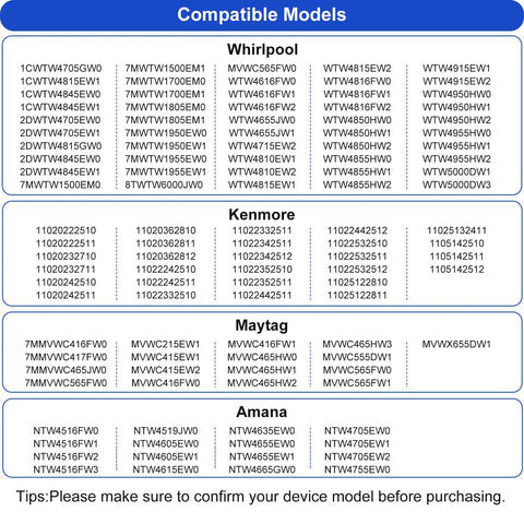Washer lid lock switch compatibility chart listing Whirlpool, Kenmore, Maytag, and Amana models