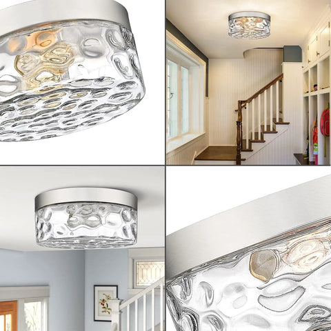 Industrial Satin Nickel Flush Mount Ceiling Light with Bubble Glass Semi Flush Fixture installed in hallway and stairway