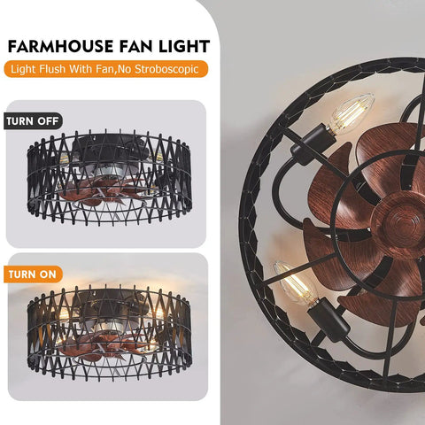 Space Saving 16 Inch Caged Ceiling Fan With Lights Remote Control Matte Black Finish Dope Sleek Farmhouse Style Flush Mount Indoor Ceiling Fan With 6 Speeds And Light Kit 7 Wood Painted ABS Blades Perfect For Living Room Bedroom showing off and on states