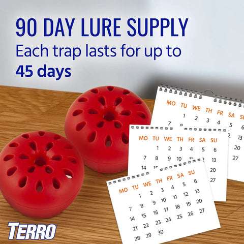 Indoor Fruit Fly Trap Kit With Built In Window Ready To Use, showing two traps and calendar for 90 day lure supply