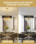 Gold 3-Light Crystal Chandelier Pendant Light for high ceilings above dining table, showing modern LED fixture on and off.